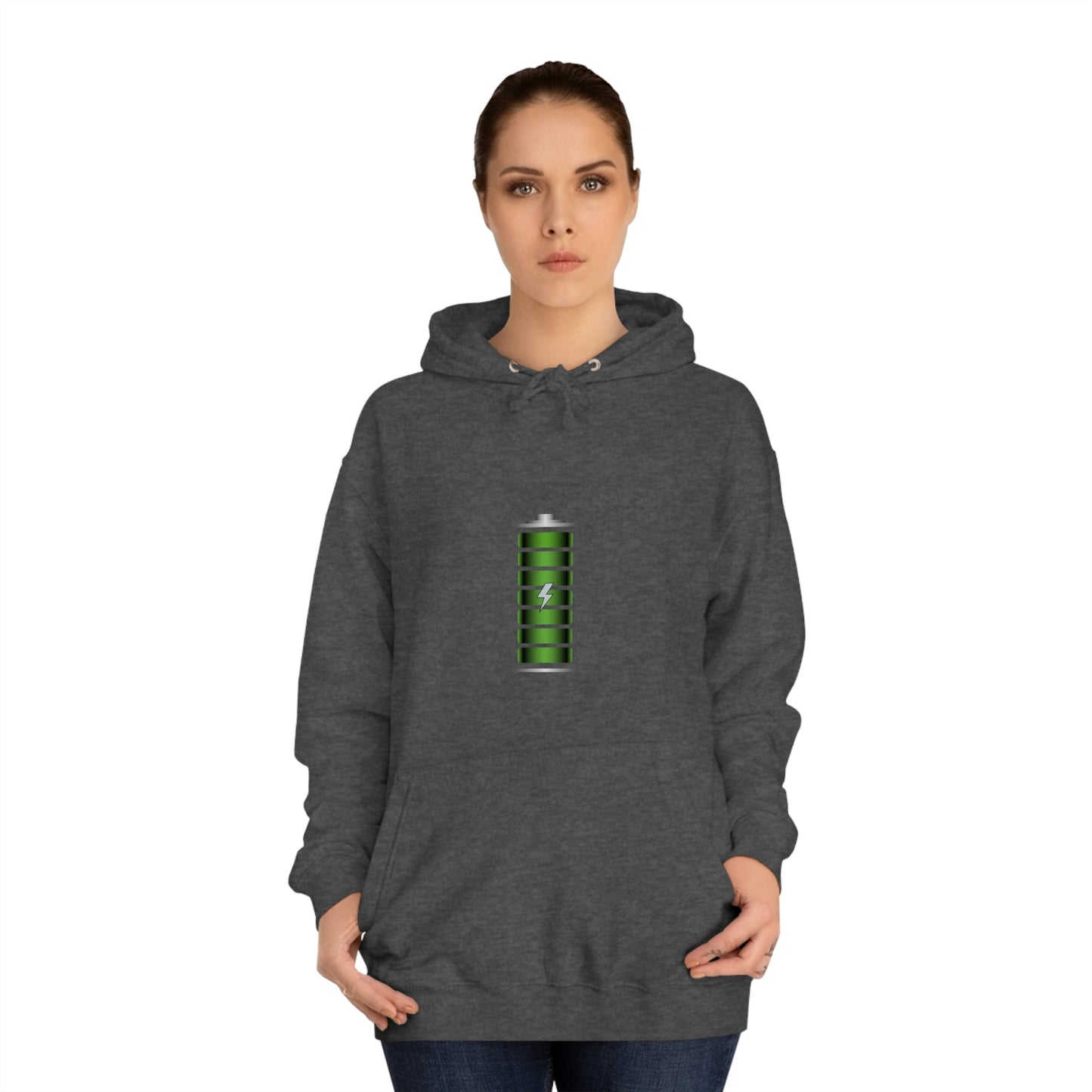 Charcoal Hoodie featuring a green and chrome 'battery' design from the TEQNEON Radioactive collection, named FULLY CHARGED