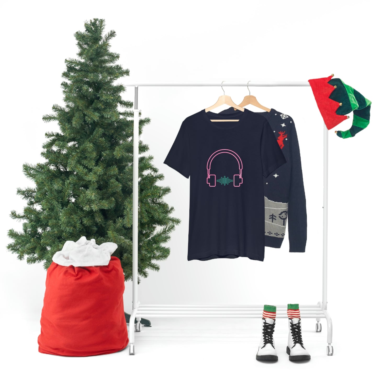 Navy T-Shirt featuring a vibrant neon design of hot pink and green audio headphones from the TEQNEON Music Box collection