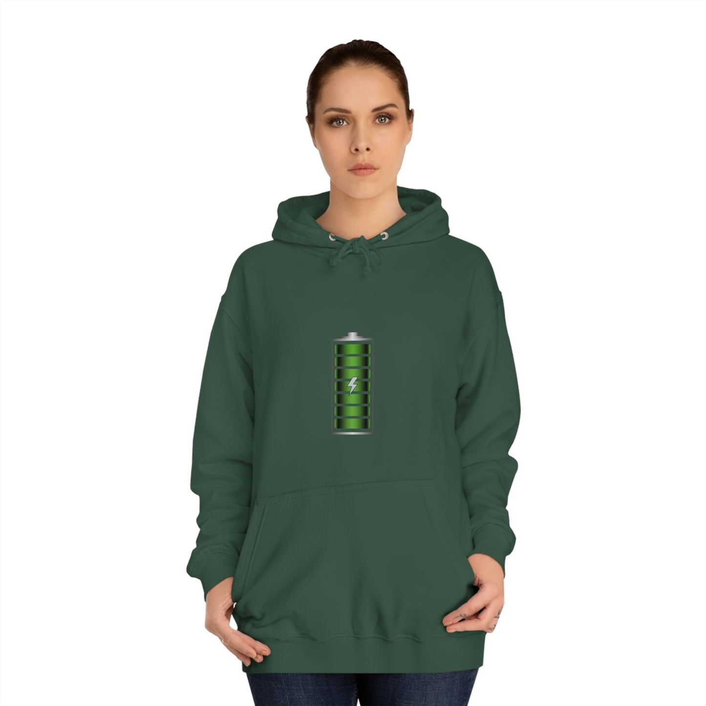 Green Hoodie featuring a green and chrome 'battery' design from the TEQNEON Radioactive collection, named FULLY CHARGED