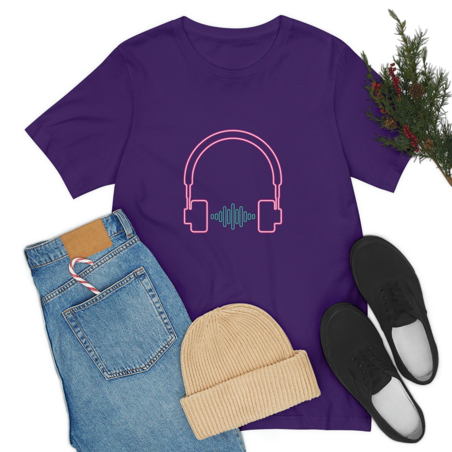 Purple T-Shirt featuring a vibrant neon design of hot pink and green audio headphones from the TEQNEON Music Box collection