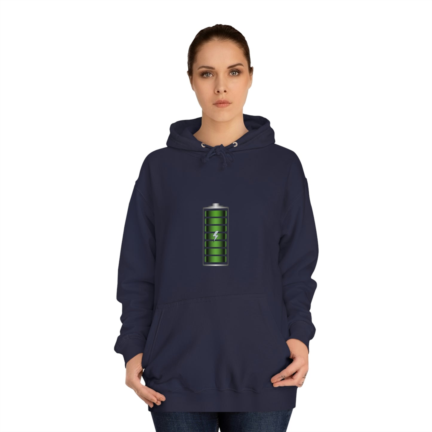 Navy Hoodie featuring a green and chrome 'battery' design from the TEQNEON Radioactive collection, named FULLY CHARGED