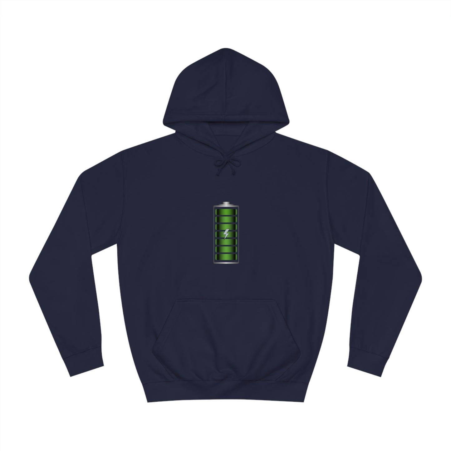 Navy Hoodie featuring a green and chrome 'battery' design from the TEQNEON Radioactive collection, named FULLY CHARGED