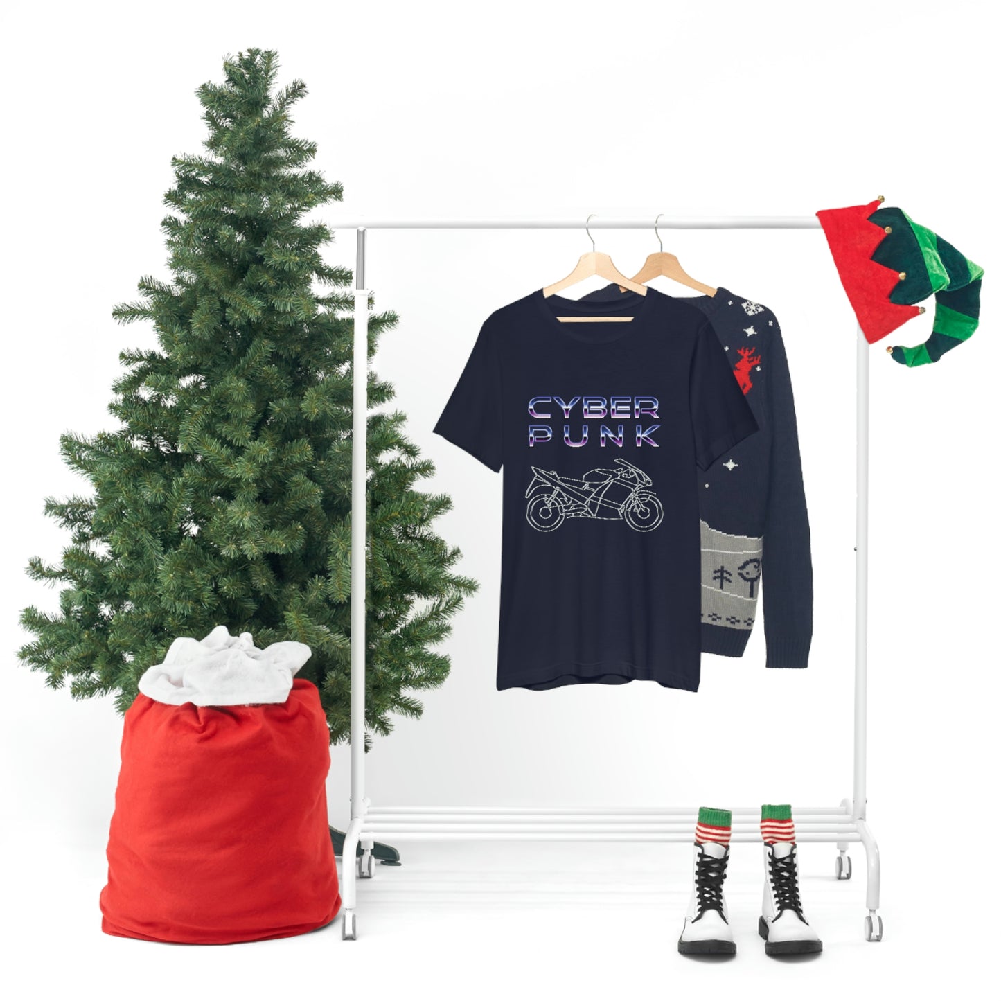 Navy T-Shirt featuring a chrome motorbike design and bold 'CYBER PUNK' title text above, from the TEQNEON Neolific collection