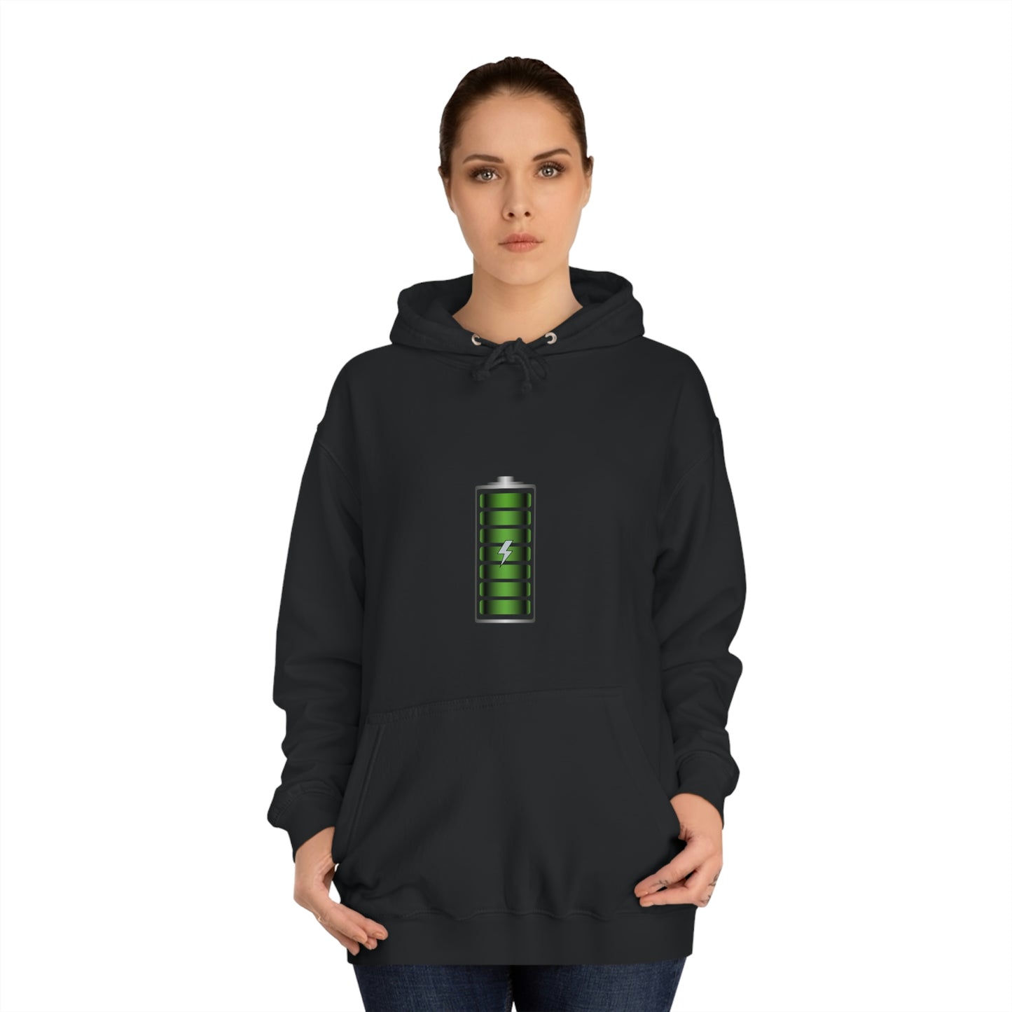 Black Hoodie featuring a green and chrome 'battery' design from the TEQNEON Radioactive collection, named FULLY CHARGED