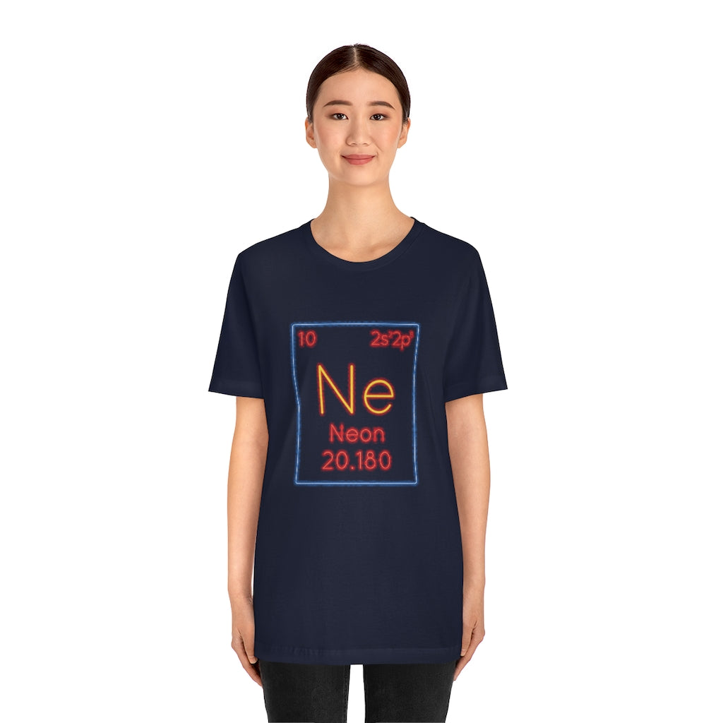 Navy T-Shirt with a vibrant multi-coloured 'neon chemical symbol' design, reminiscent of a neon element tile from the TEQNEON Word Craft collection