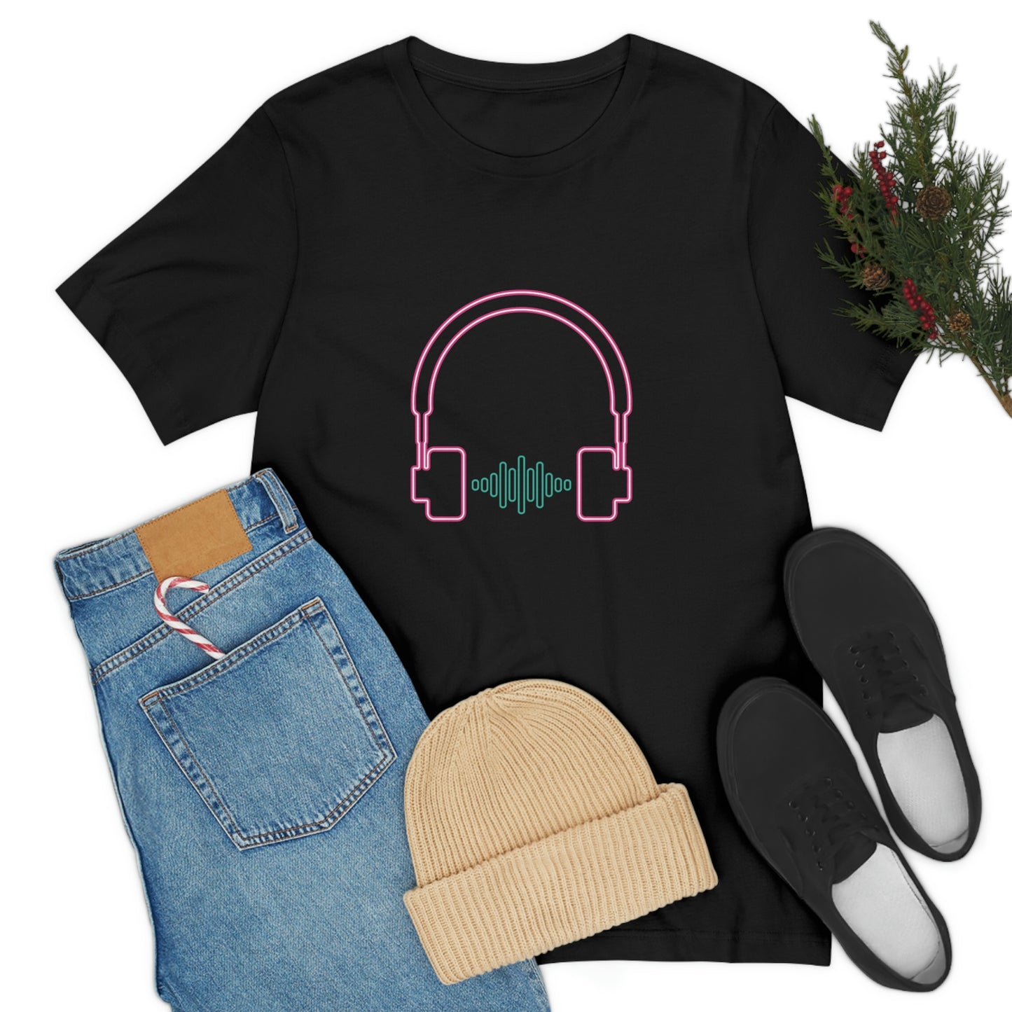 Black T-Shirt featuring a vibrant neon design of hot pink and green audio headphones from the TEQNEON Music Box collection