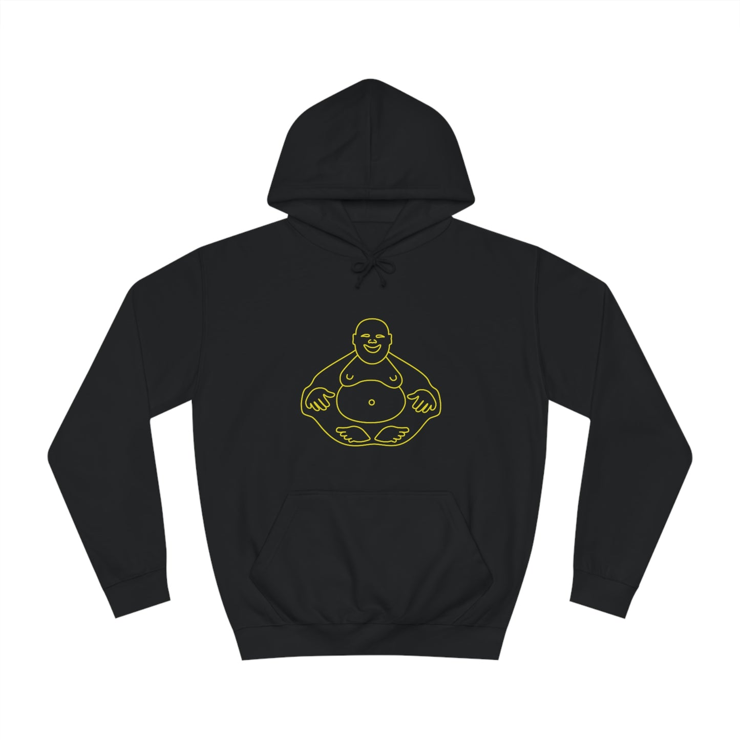 Black Hoodie featuring a yellow 'Laughing Buddha' design from the TEQNEON Ha Ha Land collection, exuding joy and humour