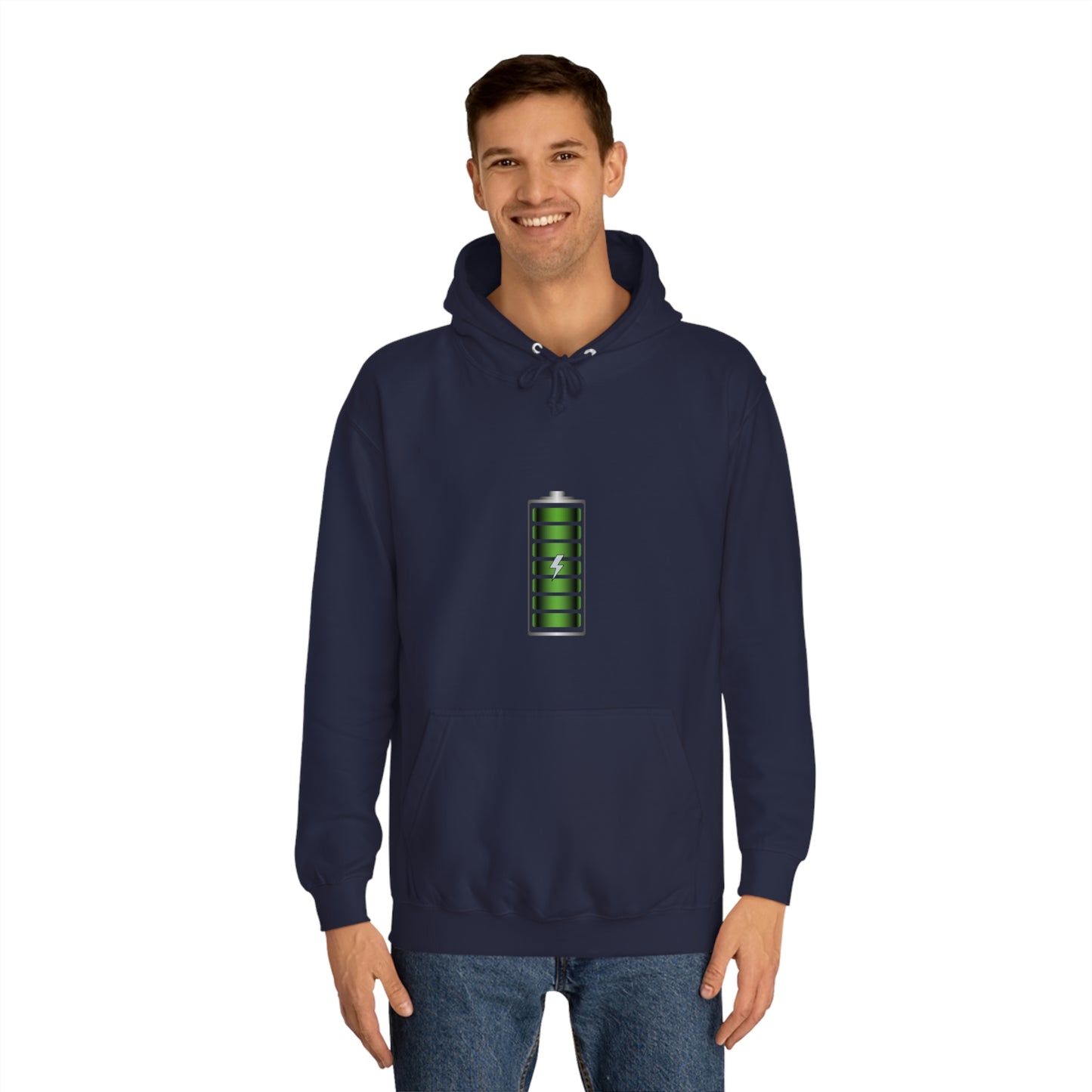 Navy Hoodie featuring a green and chrome 'battery' design from the TEQNEON Radioactive collection, named FULLY CHARGED