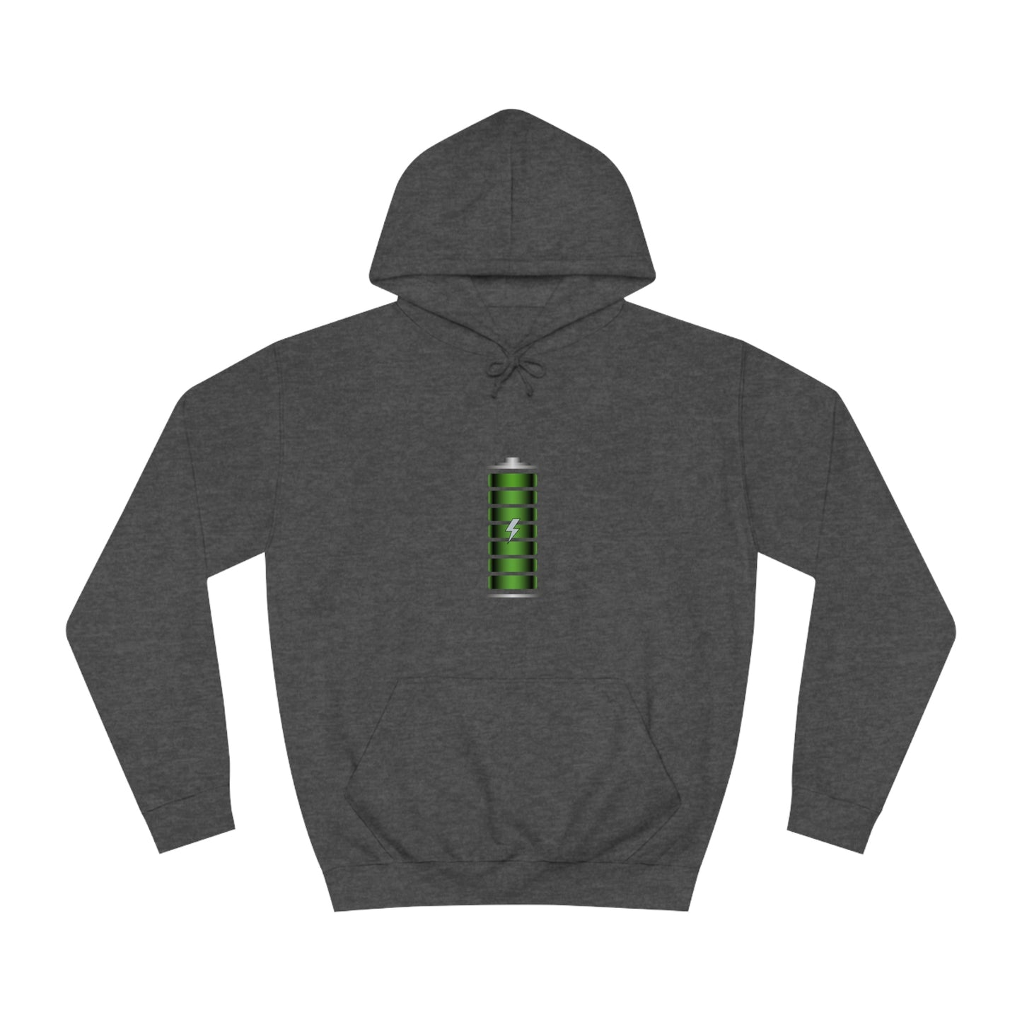 Charcoal Hoodie featuring a green and chrome 'battery' design from the TEQNEON Radioactive collection, named FULLY CHARGED