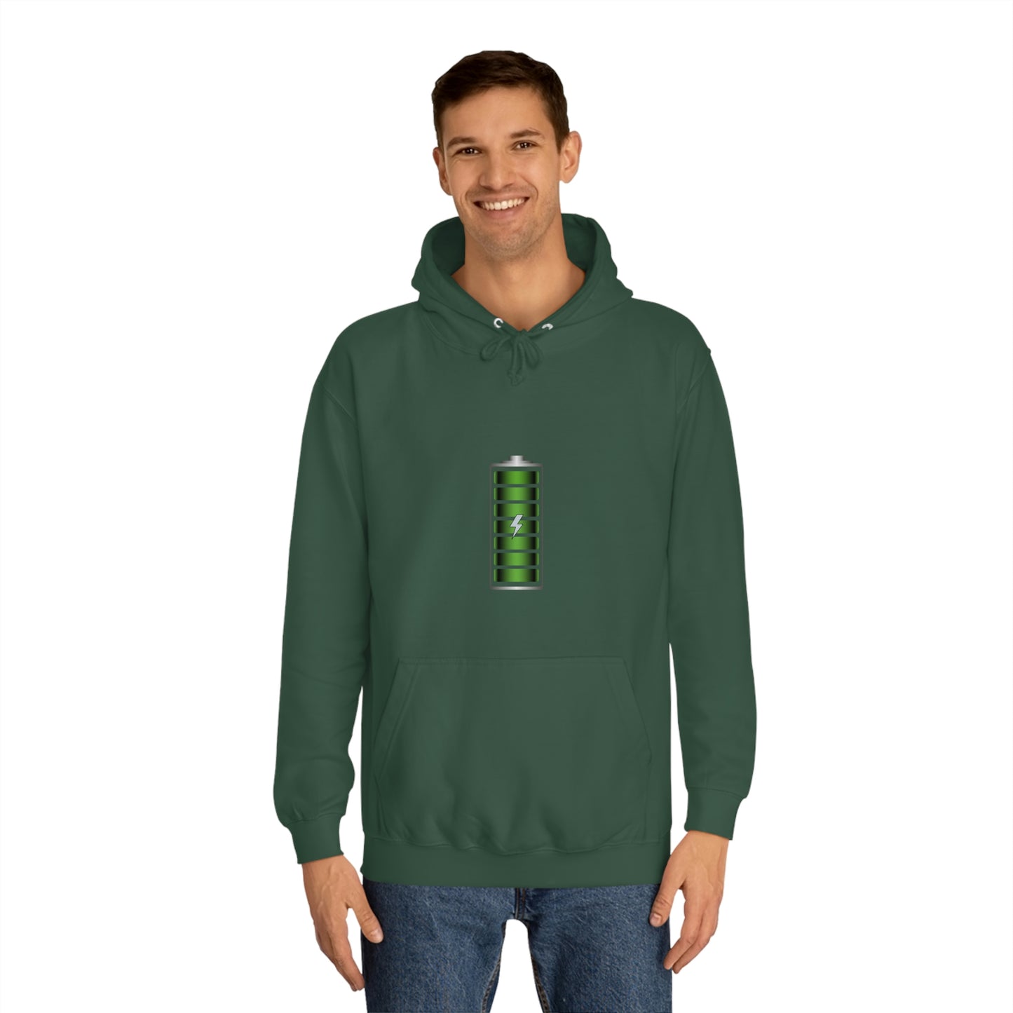 Green Hoodie featuring a green and chrome 'battery' design from the TEQNEON Radioactive collection, named FULLY CHARGED