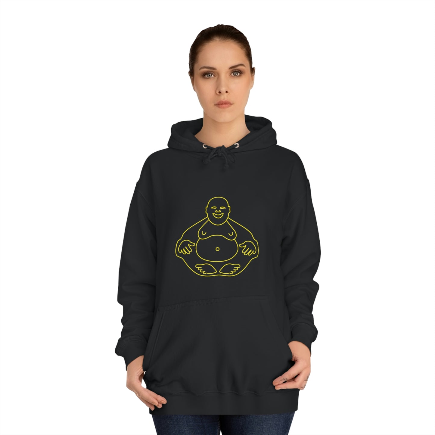 Black Hoodie featuring a yellow 'Laughing Buddha' design from the TEQNEON Ha Ha Land collection, exuding joy and humour