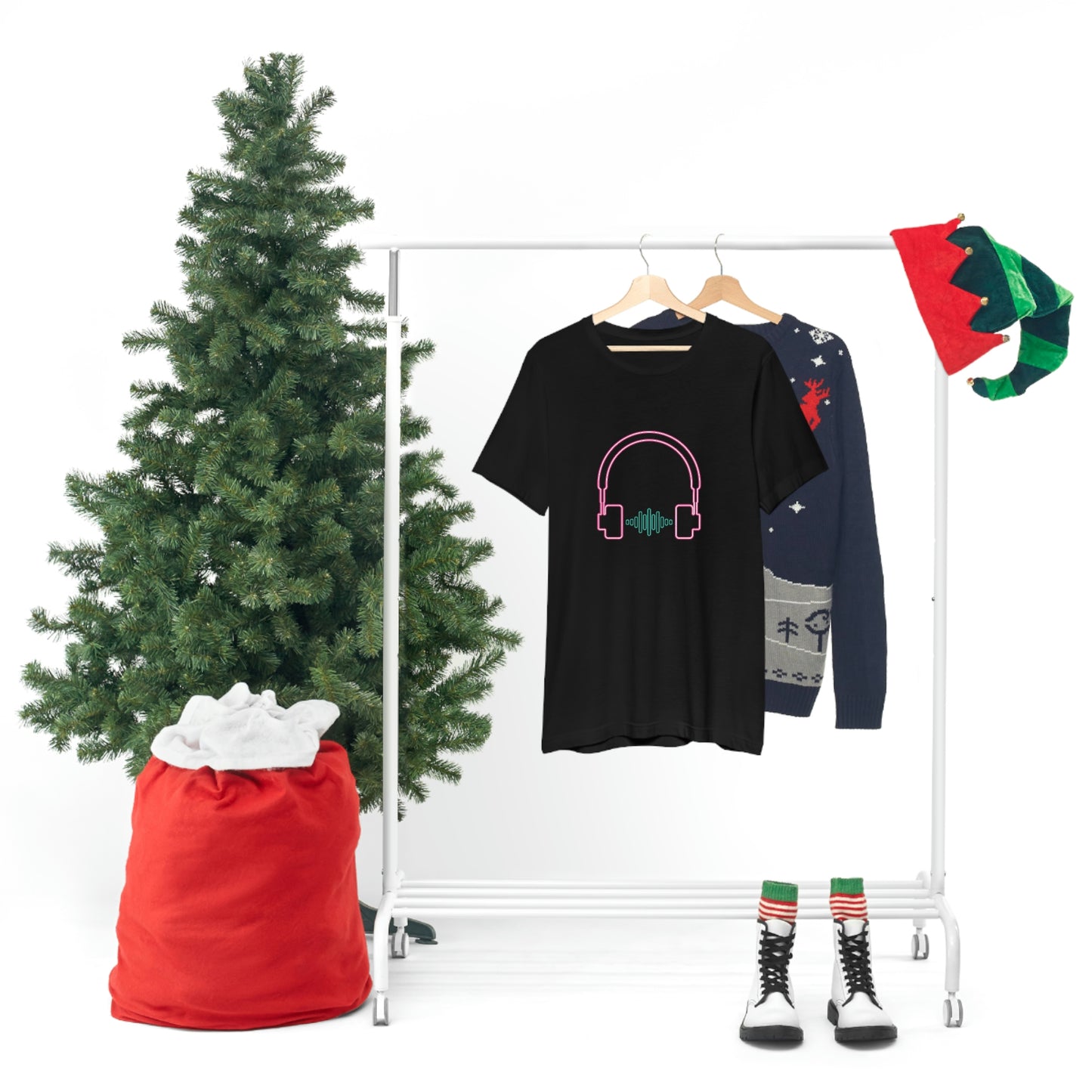 Black T-Shirt featuring a vibrant neon design of hot pink and green audio headphones from the TEQNEON Music Box collection