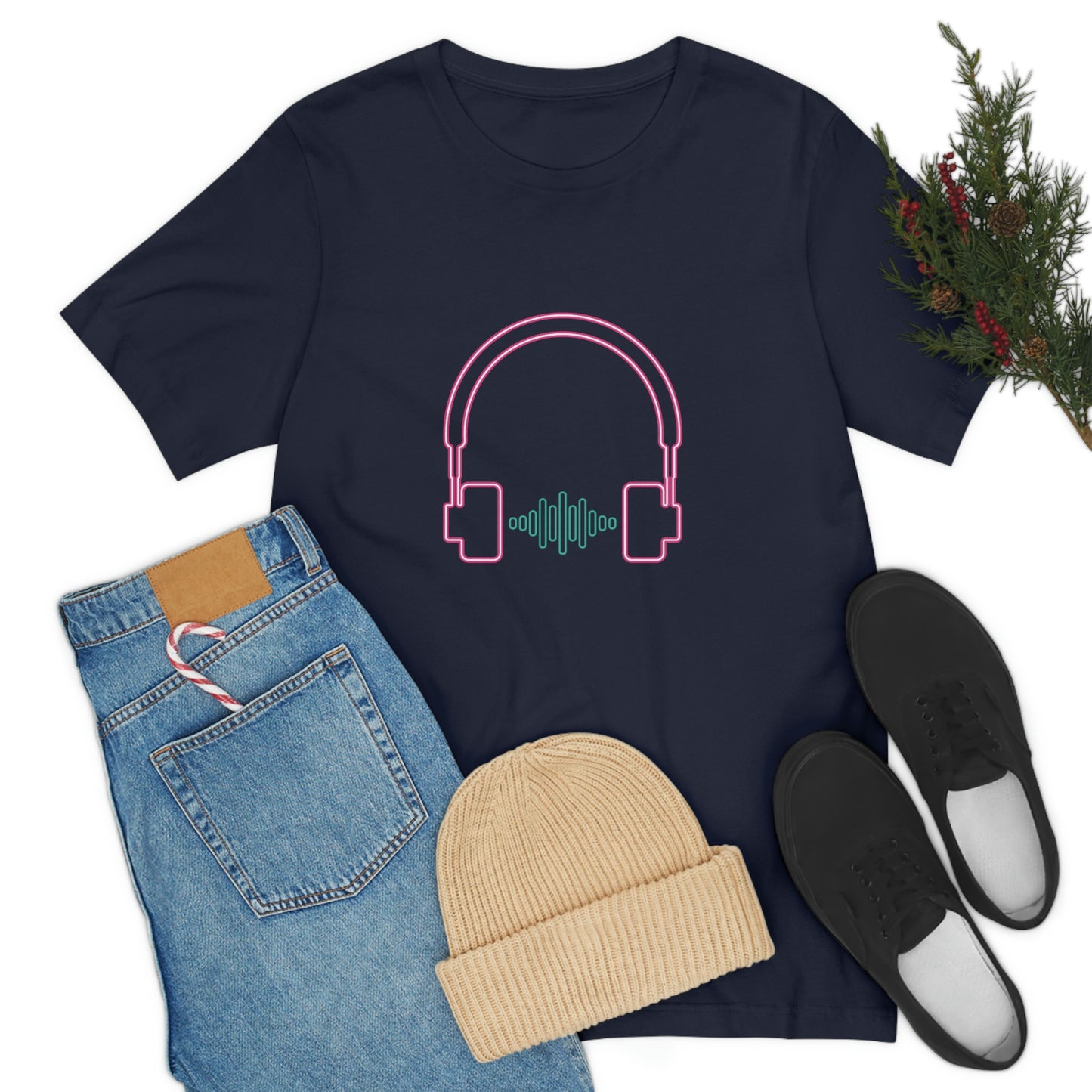 Navy T-Shirt featuring a vibrant neon design of hot pink and green audio headphones from the TEQNEON Music Box collection
