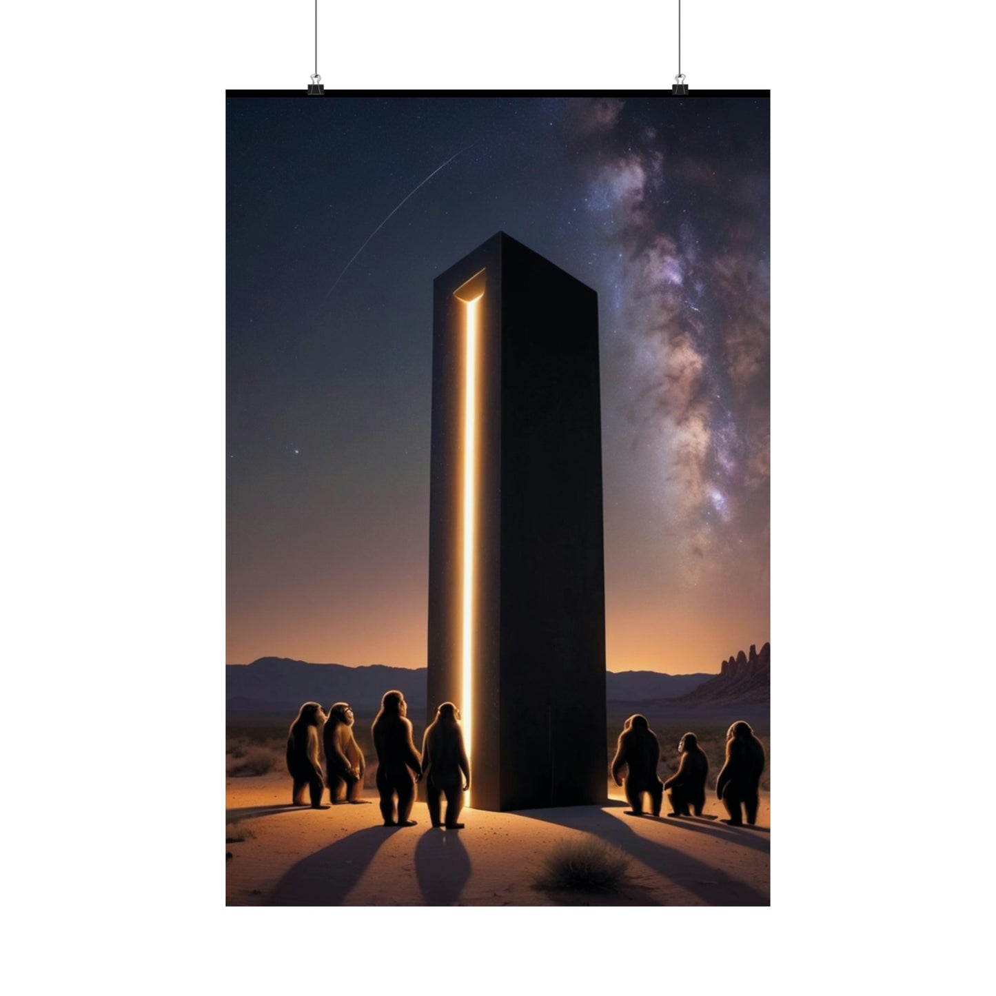 Transform your space with our stunning Monolith poster, a homage to the cinematic masterpiece '2001: A Space Odyssey.' Immerse yourself in the cosmic glow of the neon monolith, surrounded by primal ape silhouettes against a surreal desert landscape. 