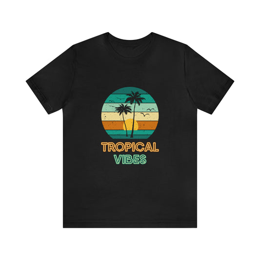 Black T-Shirt with multi coloured tropical beach design and neon font stating 'Tropical Vibes'. Taken from the TEQNEON Word Craft and Accessories collections