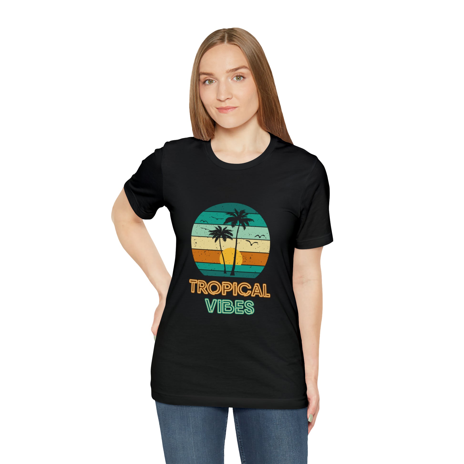 Black T-Shirt with multi coloured tropical beach design and neon font stating 'Tropical Vibes'. Taken from the TEQNEON Word Craft and Accessories collections