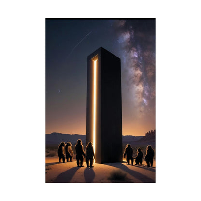 Transform your space with our stunning Monolith poster, a homage to the cinematic masterpiece '2001: A Space Odyssey.' Immerse yourself in the cosmic glow of the neon monolith, surrounded by primal ape silhouettes against a surreal desert landscape. 