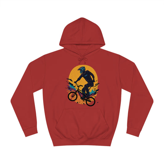 Red hoodie featuring a vibrant and dynamic design of a BMX rider from the TEQNEON Radioactive collection, named BMX GROUNDBREAKER