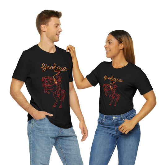 Black T-Shirts featuring a neon design of a cowboy with a lasso saying 'yeehaw' in yellow and red, from the TEQNEON Word Craft collection