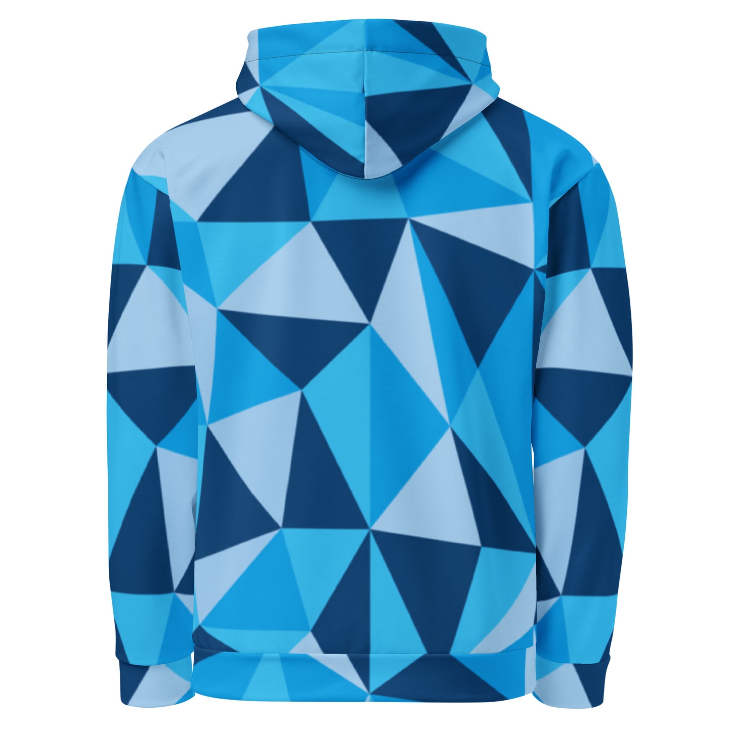 Unisex CERULEAN CUBISM All-Over Print Hoodie with vibrant cubist design. Perfect for staying warm and stylish on chilly days.