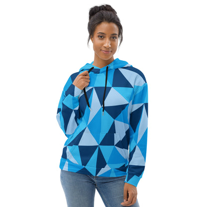 Unisex CERULEAN CUBISM All-Over Print Hoodie with vibrant cubist design. Perfect for staying warm and stylish on chilly days.