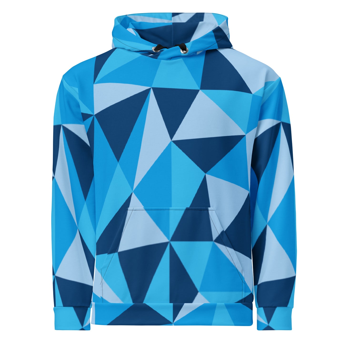 Unisex CERULEAN CUBISM All-Over Print Hoodie with vibrant cubist design. Perfect for staying warm and stylish on chilly days.