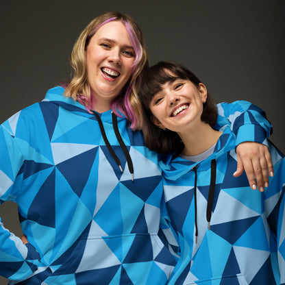 Unisex CERULEAN CUBISM All-Over Print Hoodie with vibrant cubist design. Perfect for staying warm and stylish on chilly days.