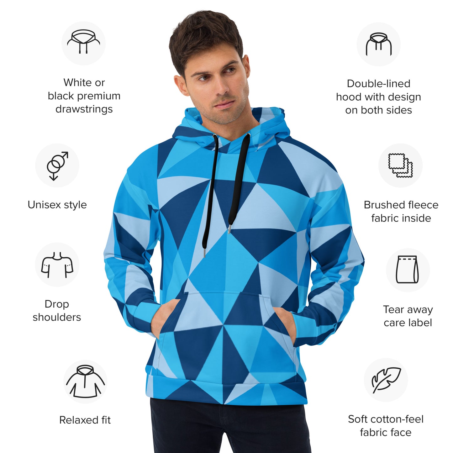 Unisex CERULEAN CUBISM All-Over Print Hoodie with vibrant cubist design. Perfect for staying warm and stylish on chilly days.