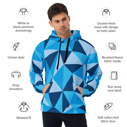 Unisex CERULEAN CUBISM All-Over Print Hoodie with vibrant cubist design. Perfect for staying warm and stylish on chilly days.