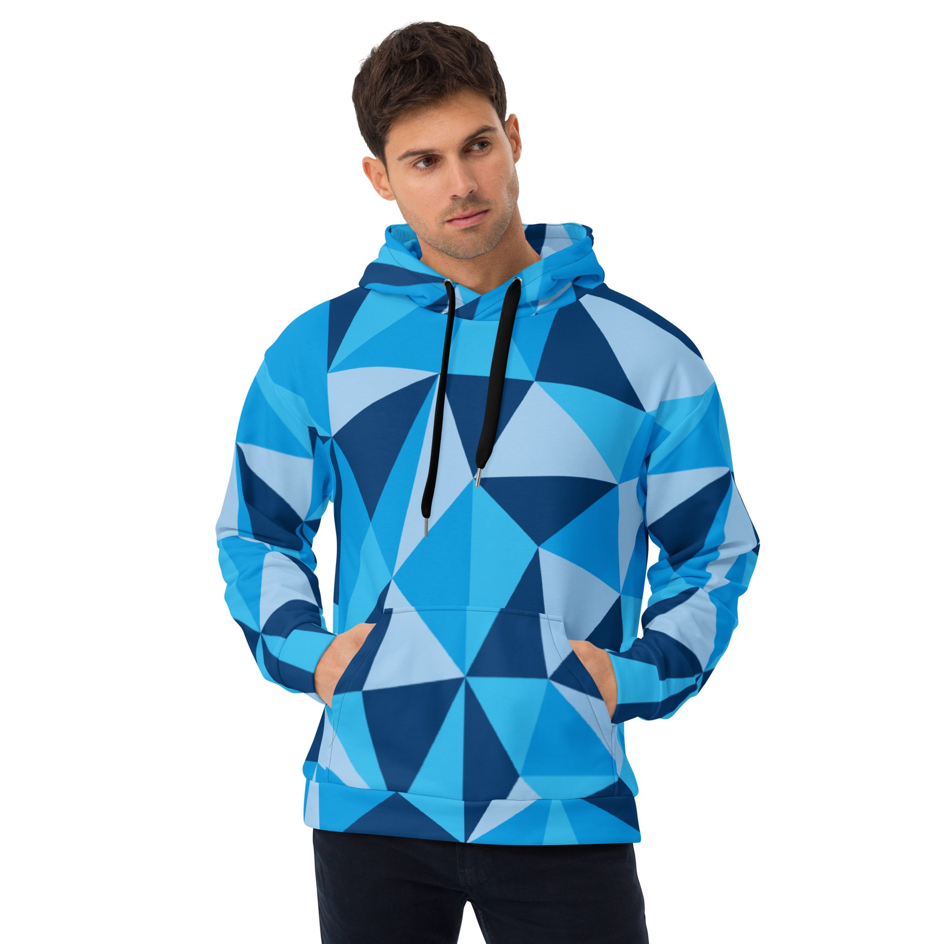 Unisex CERULEAN CUBISM All-Over Print Hoodie with vibrant cubist design. Perfect for staying warm and stylish on chilly days.