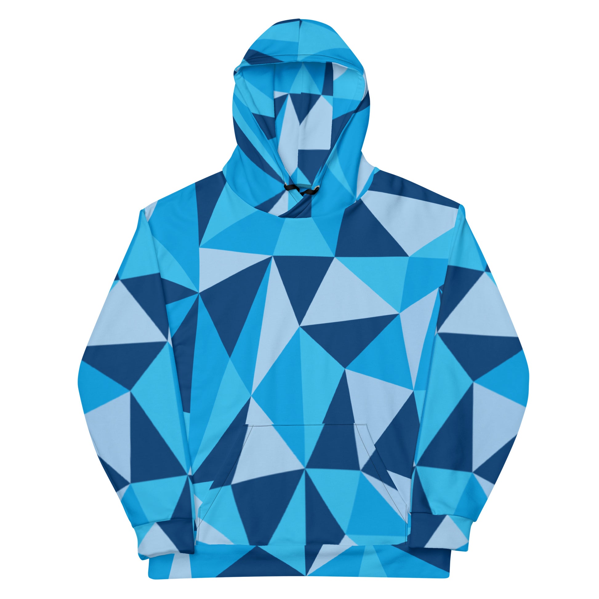 Unisex CERULEAN CUBISM All-Over Print Hoodie with vibrant cubist design. Perfect for staying warm and stylish on chilly days.