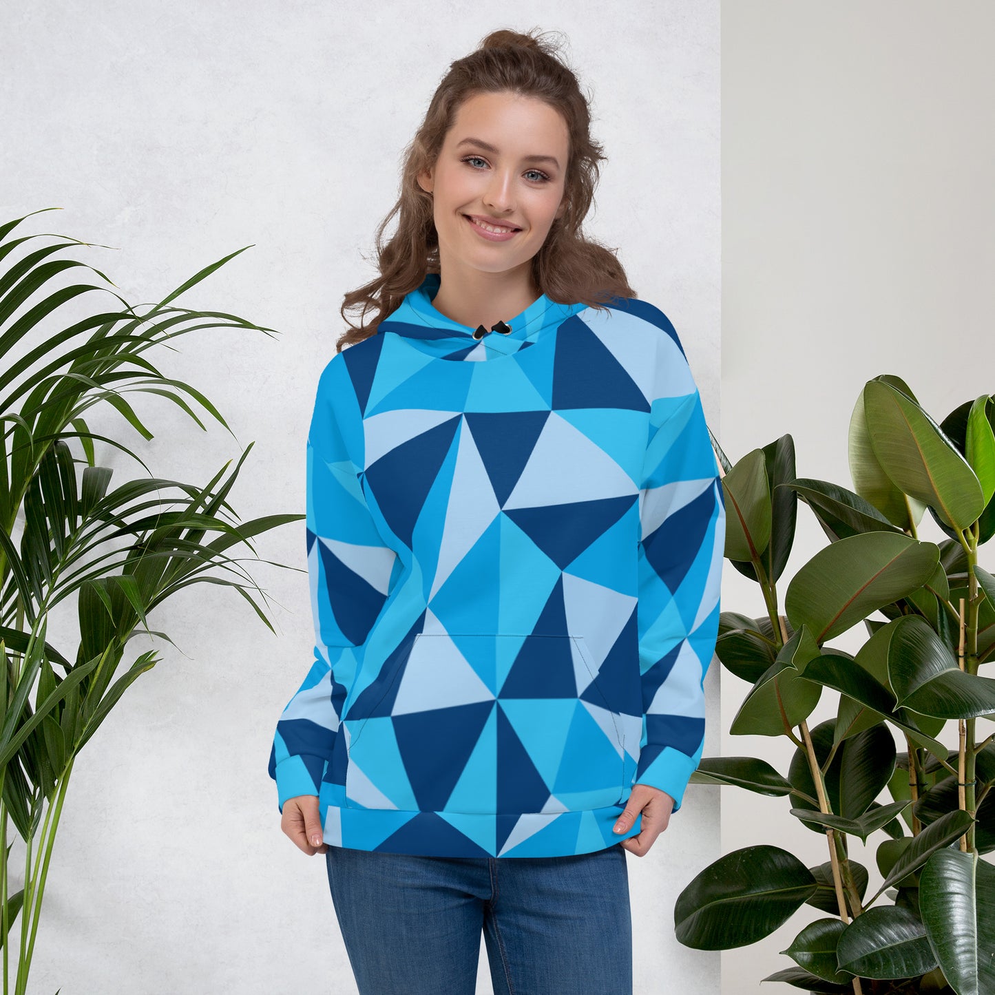 Unisex CERULEAN CUBISM All-Over Print Hoodie with vibrant cubist design. Perfect for staying warm and stylish on chilly days.