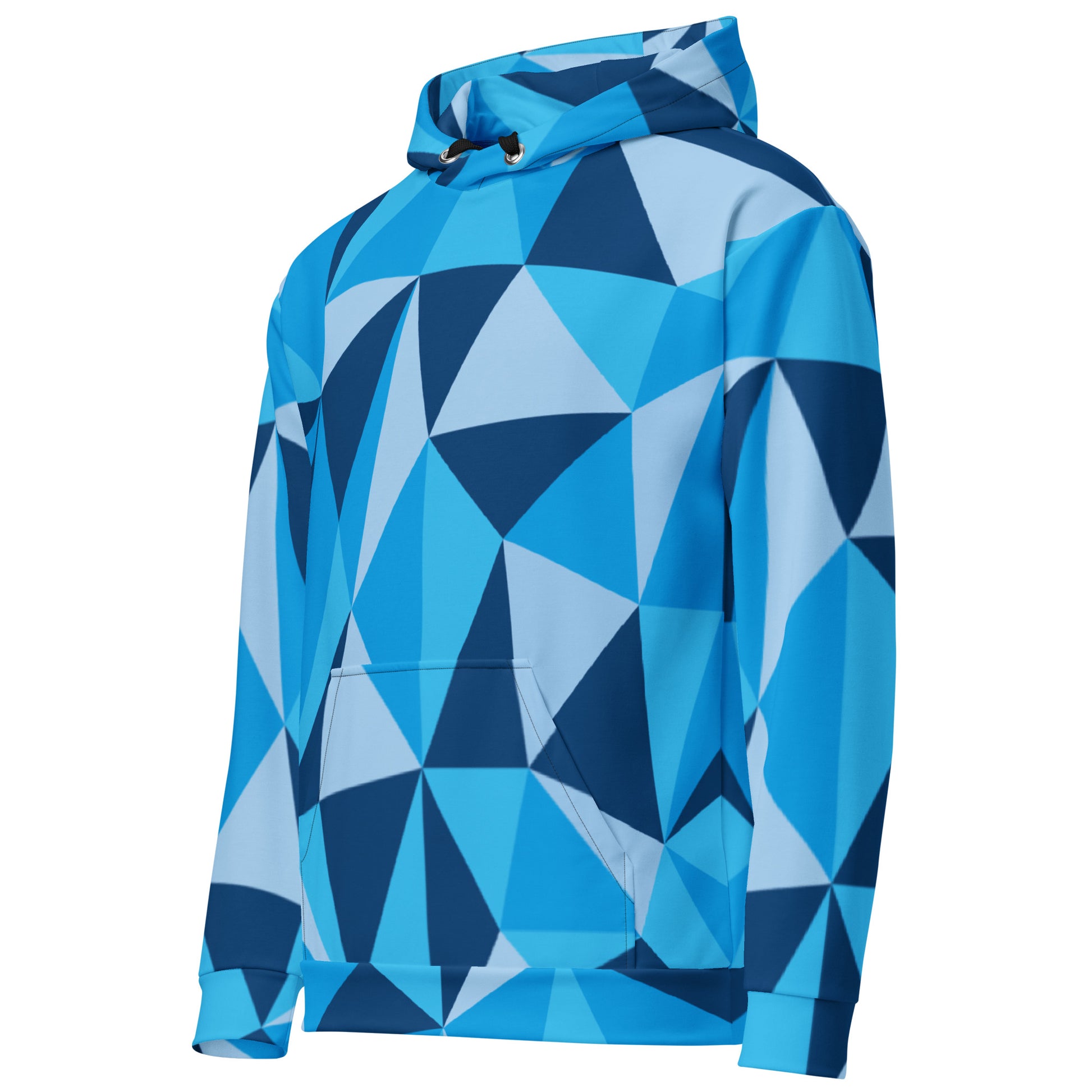 Unisex CERULEAN CUBISM All-Over Print Hoodie with vibrant cubist design. Perfect for staying warm and stylish on chilly days.