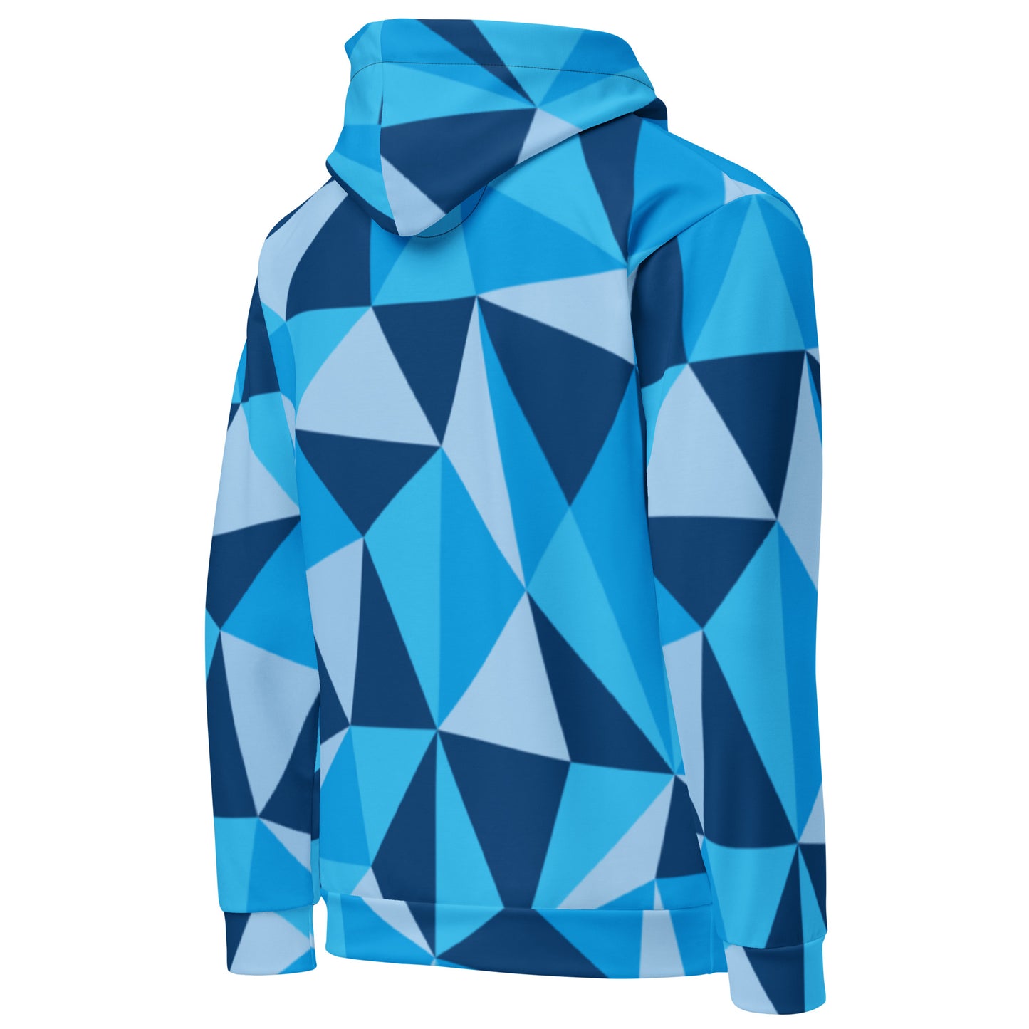 Unisex CERULEAN CUBISM All-Over Print Hoodie with vibrant cubist design. Perfect for staying warm and stylish on chilly days.