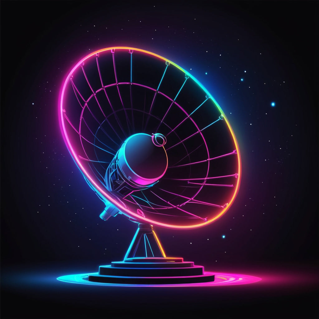 neon colour charged satellite dish with starry background