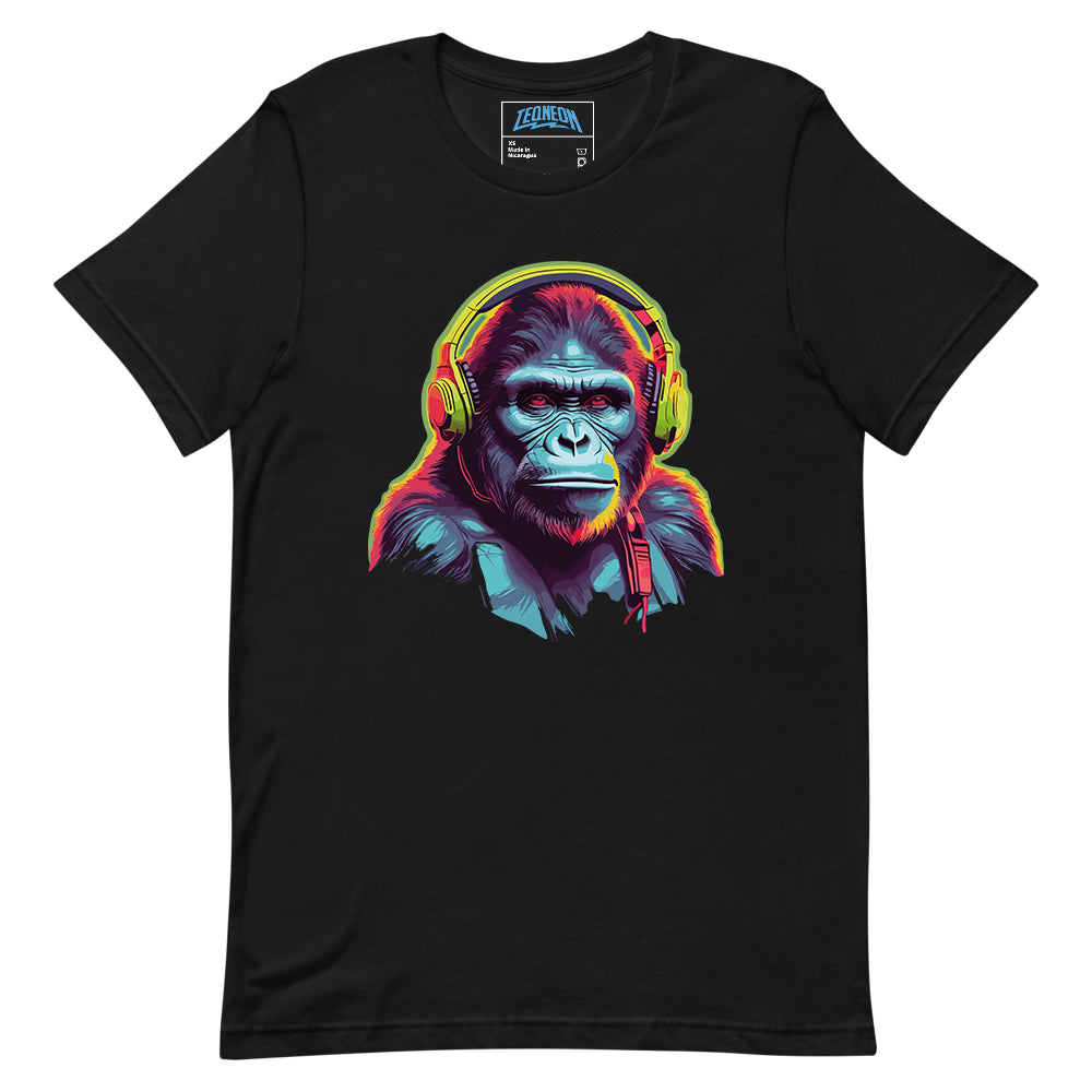 Black T-Shirt featuring a fun ape with headphones design. Taken from the TEQNEON MUSIC BOX, NEOLIFIC & HA HA LAND collections