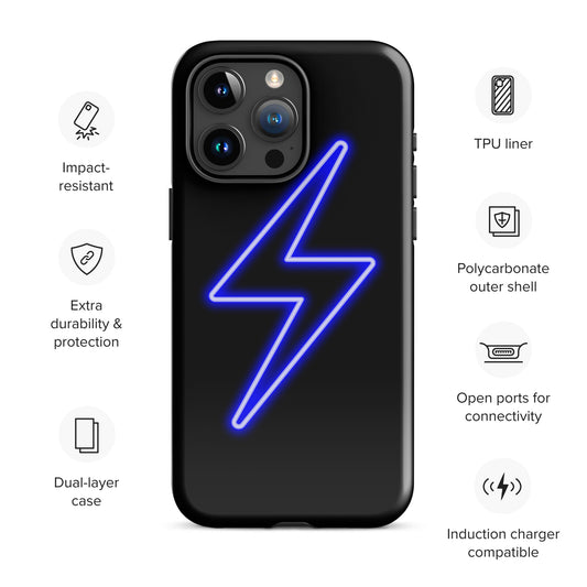 Enhance your iPhone protection with the Vibrant Voltage glowing iPhone case. Featuring a striking neon electric symbol that emits a vibrant blue glow, this tough case offers superior durability and style. Stand out in any setting with this electrifying accessory.