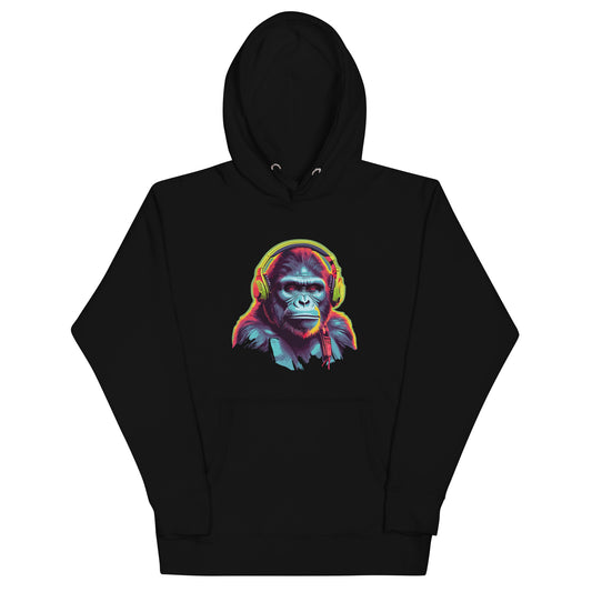 Black Hoodie featuring a fun ape with headphones design. Taken from the TEQNEON MUSIC BOX, NEOLIFIC & HA HA LAND collections
