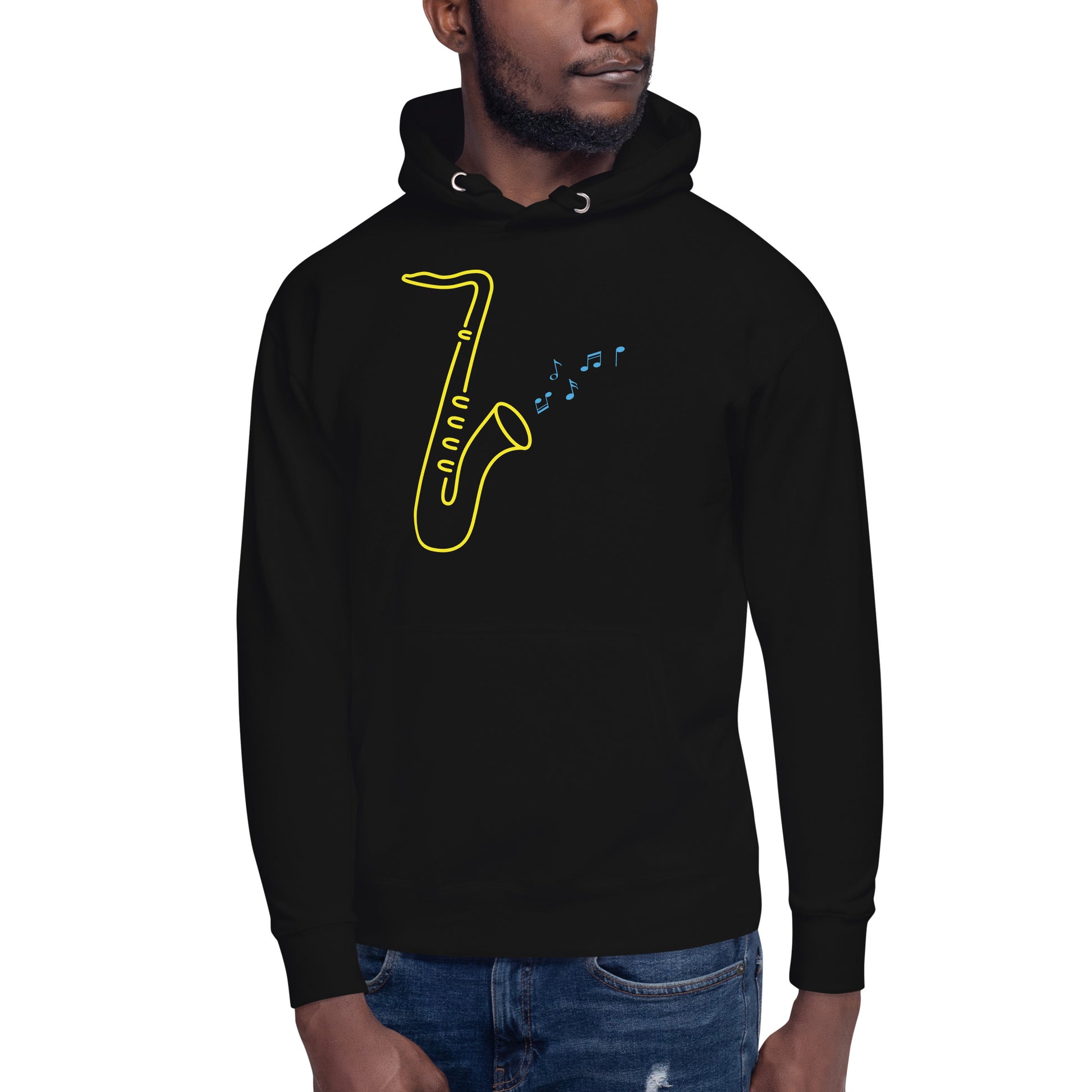 Black Hoodie with a vibrant neon design of a yellow saxophone and blue musical notes, from the TEQNEON Music Box collection