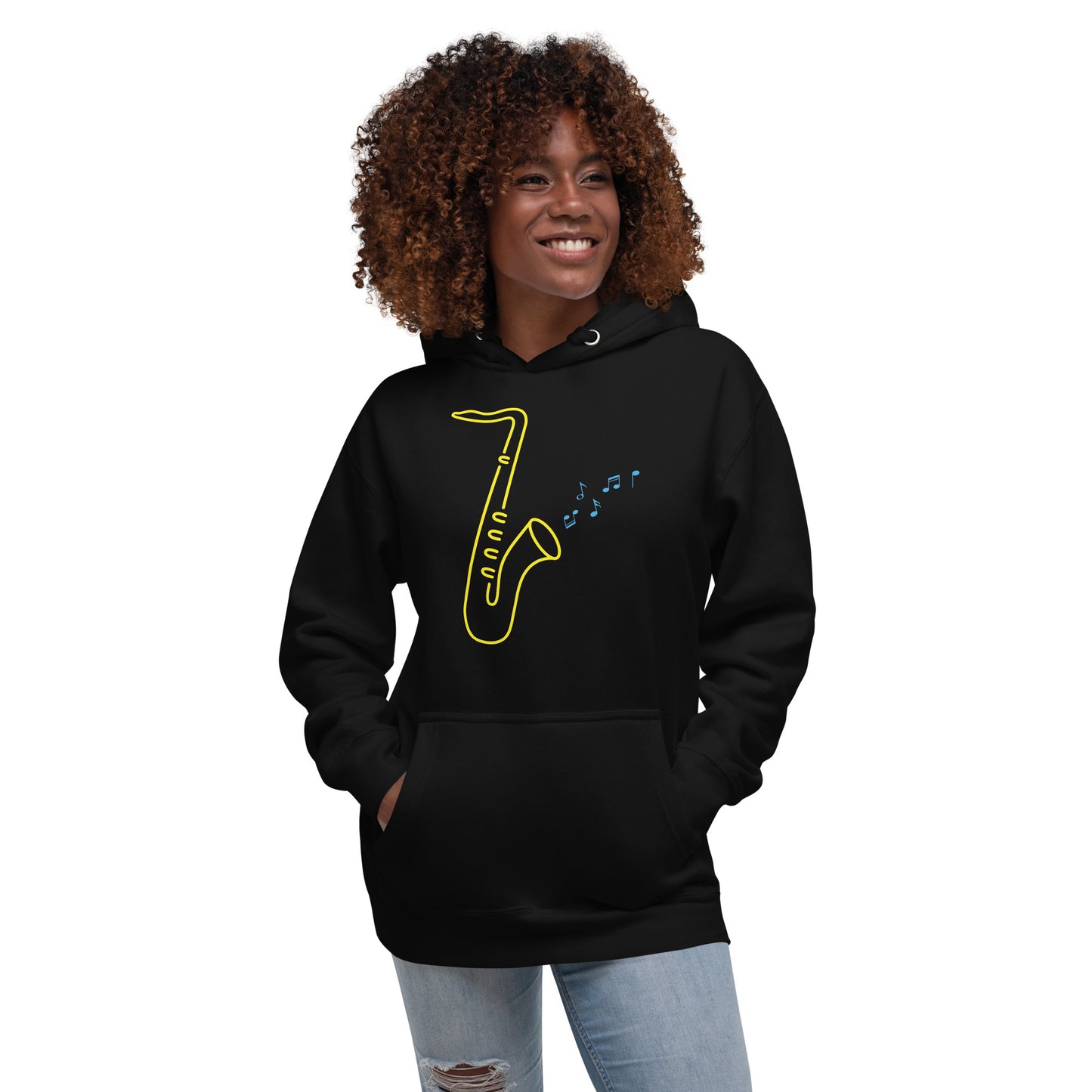 Black Hoodie with a vibrant neon design of a yellow saxophone and blue musical notes, from the TEQNEON Music Box collection