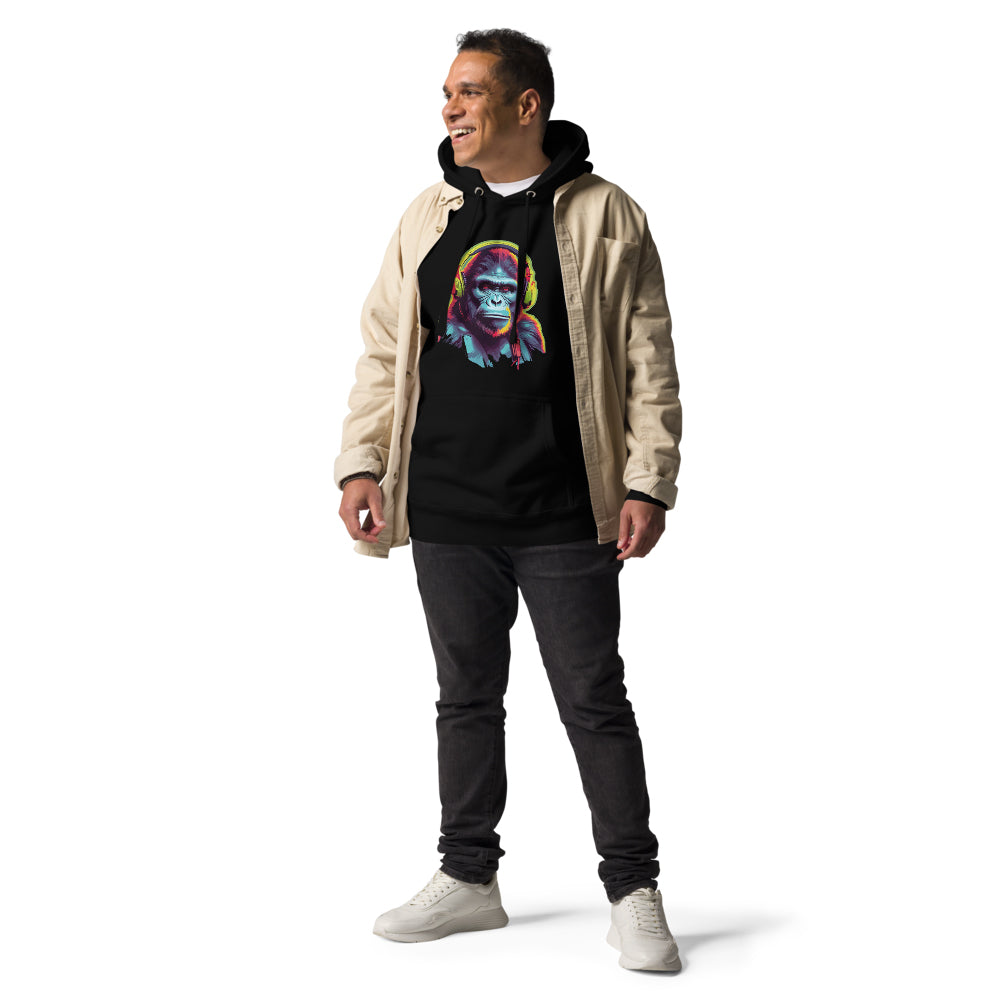 Black Hoodie featuring a fun ape with headphones design. Taken from the TEQNEON MUSIC BOX, NEOLIFIC & HA HA LAND collections
