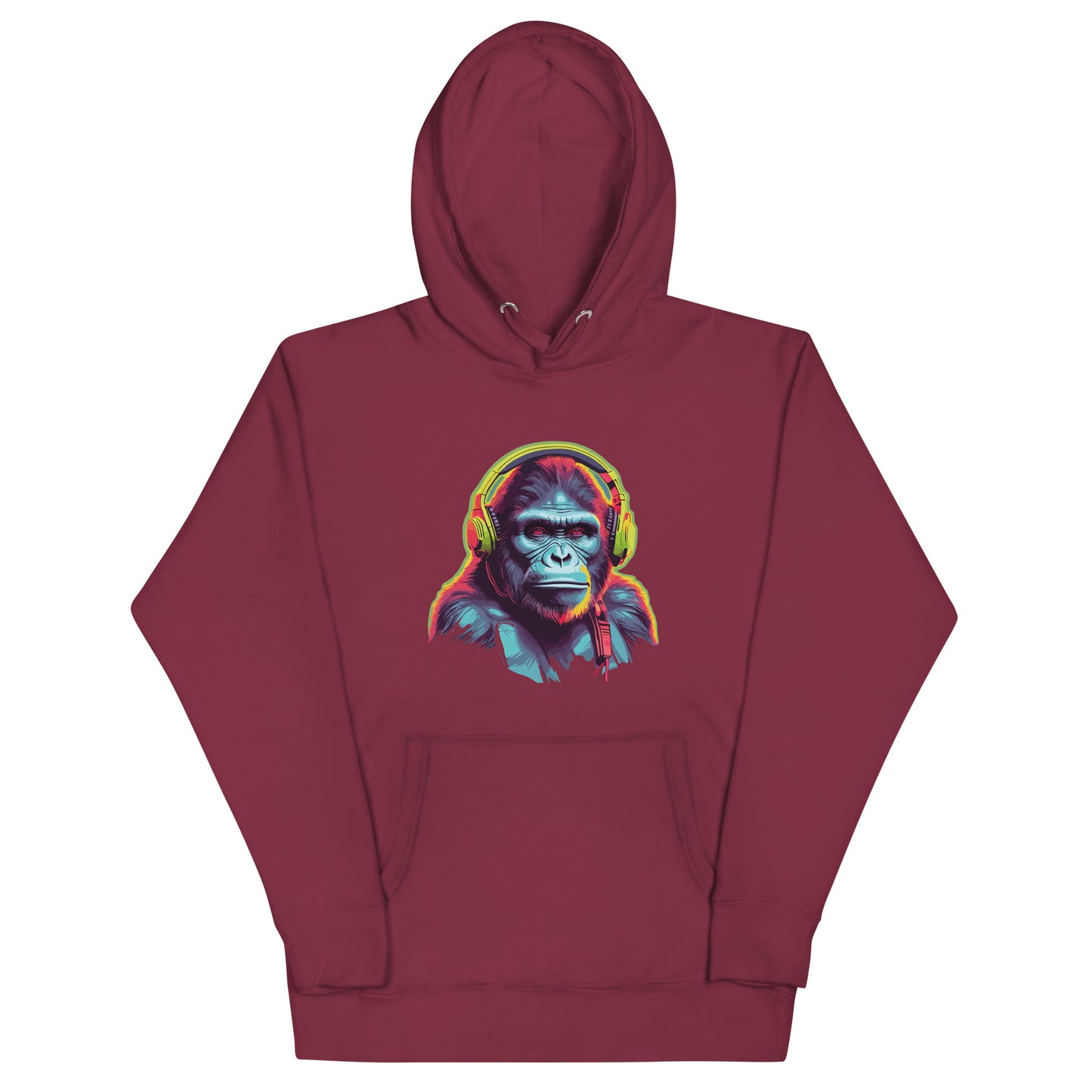 Maroon Hoodie featuring a fun ape with headphones design. Taken from the TEQNEON MUSIC BOX, NEOLIFIC & HA HA LAND collections