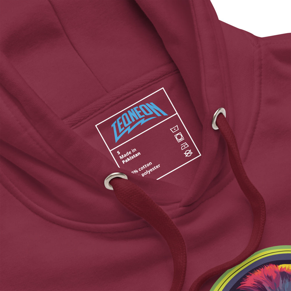 Maroon Hoodie featuring a closeup of the TEQNEON logo.