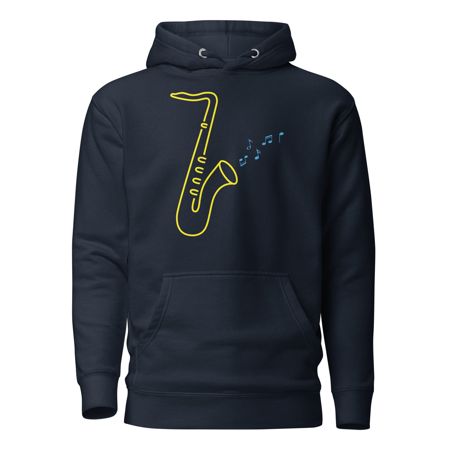 Navy blue Hoodie with a vibrant neon design of a yellow saxophone and blue musical notes, from the TEQNEON Music Box collection