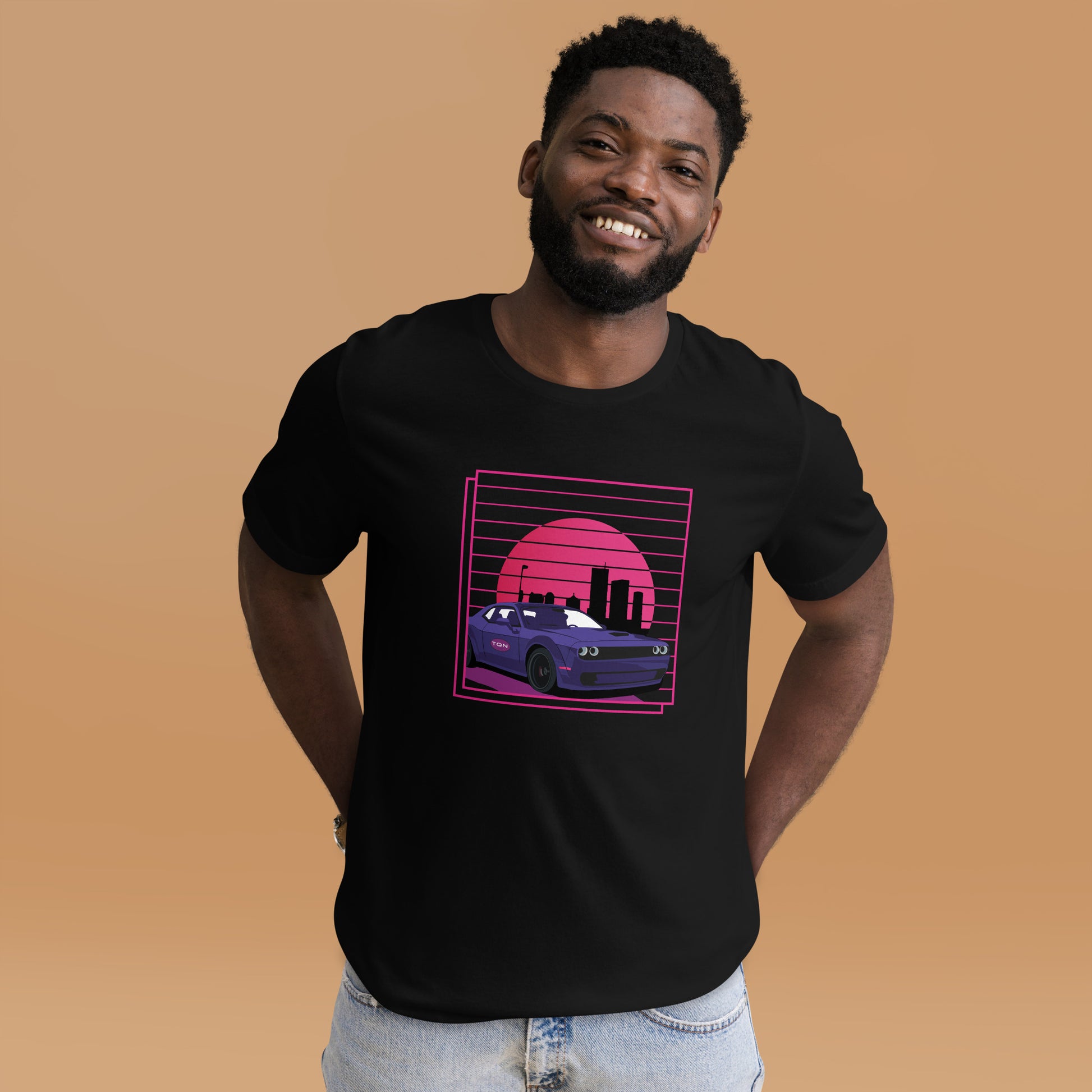 Rev up your style with our Retro Challenger tee! This black shirt showcases a timeless muscle car cruising through a stunning retro sunset backdrop. From our TEQNEON Retro Classics collection, it's a must-have for classic car enthusiasts and sunset admirers alike.
