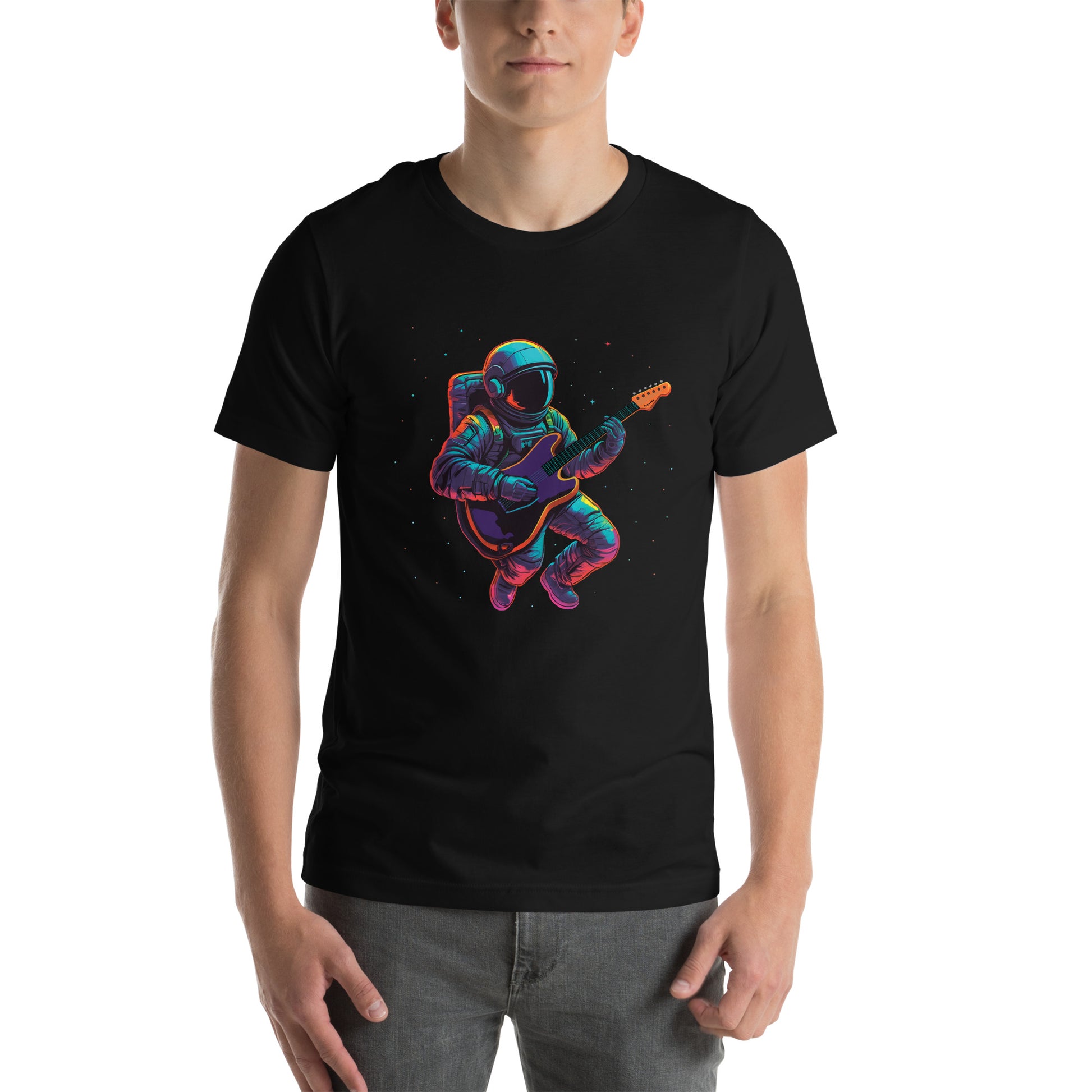 Explore the depths of cosmic creativity with our Black T-Shirt featuring a mesmerizing design of an astronaut jamming on an electric guitar amidst the boundless expanse of space. Taken from the TEQNEON Neolific, Music, and Spacecraft collections, this tee seamlessly merges futuristic flair with celestial vibes. Elevate your style game and embark on a journey through the cosmos with every wear.