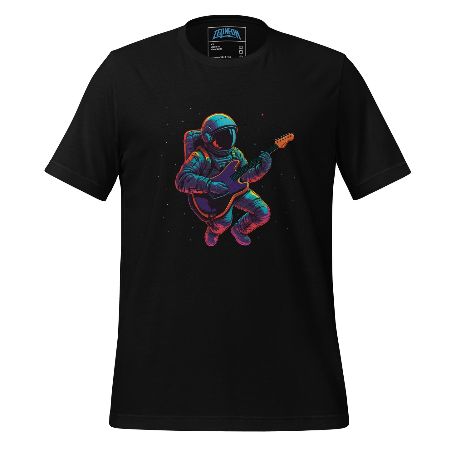 Explore the depths of cosmic creativity with our Black T-Shirt featuring a mesmerizing design of an astronaut jamming on an electric guitar amidst the boundless expanse of space. Taken from the TEQNEON Neolific, Music, and Spacecraft collections, this tee seamlessly merges futuristic flair with celestial vibes. Elevate your style game and embark on a journey through the cosmos with every wear.