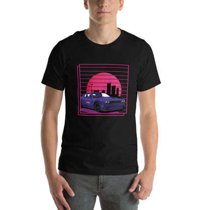 Rev up your style with our Retro Challenger tee! This black shirt showcases a timeless muscle car cruising through a stunning retro sunset backdrop. From our TEQNEON Retro Classics collection, it's a must-have for classic car enthusiasts and sunset admirers alike.
