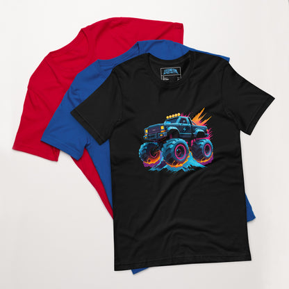 Neon Flying Monster Truck graphic on black T-shirt from the Radioactive collection