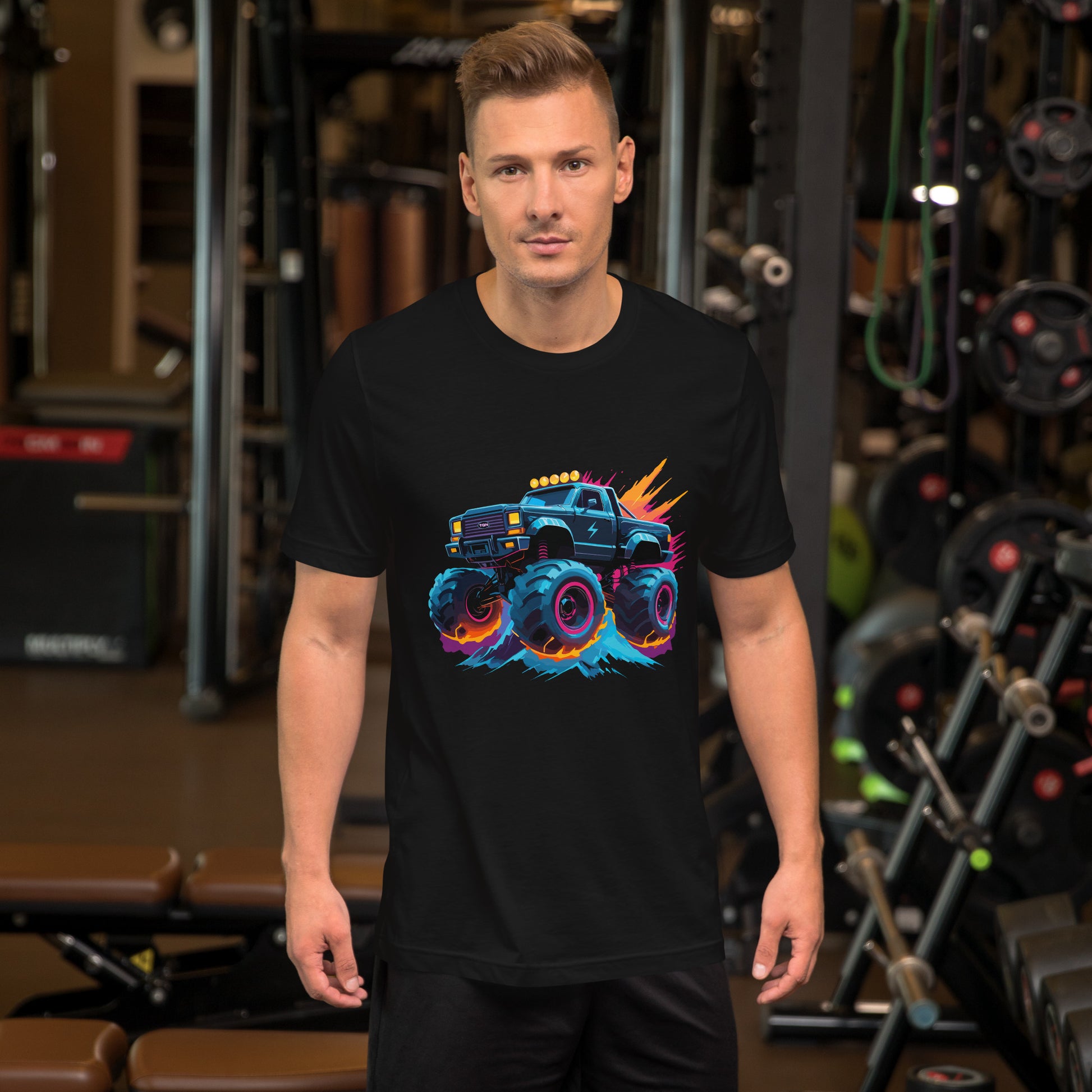 Neon Flying Monster Truck graphic on black T-shirt from the Radioactive collection